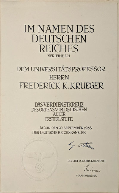 Fredrick K. Krueger German Eagle Order 1st Grade